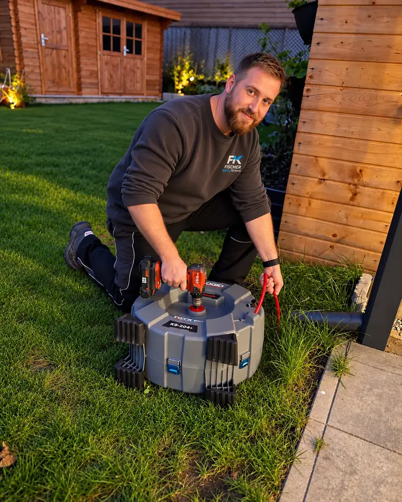 Benjamin Fischer, Inhaber von Fischer Kanaltechnik, kniet im Garten neben einer Rohrreinigungsmaschine und lächelt in die Kamera.